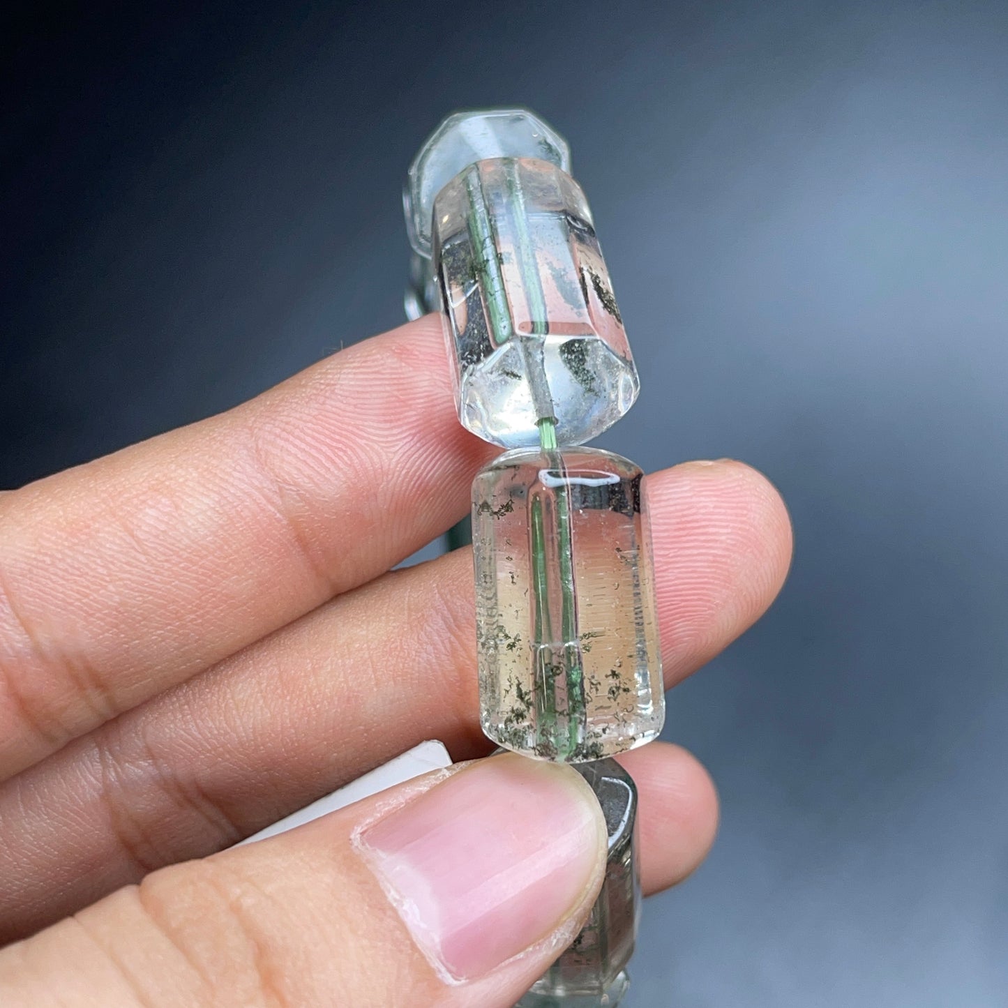 Bracelet Style Bambou Vert Fumé Phantom Quartz Taille 12 mm