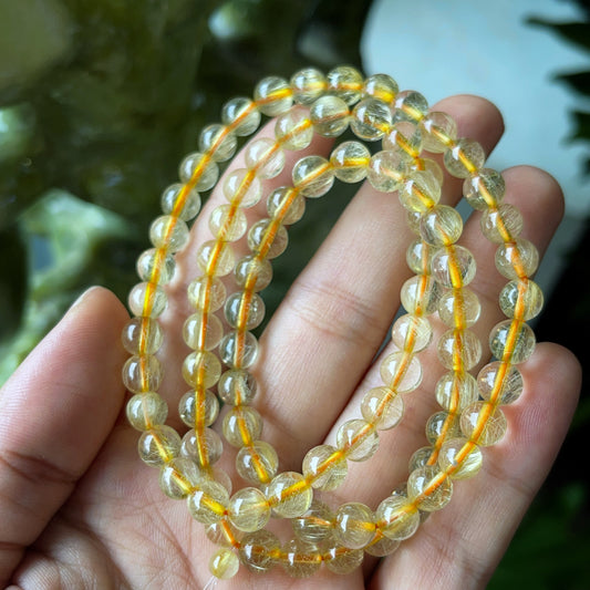 Golden Rutilated Quartz Triple Wrap Bracelet Size 6.5 mm