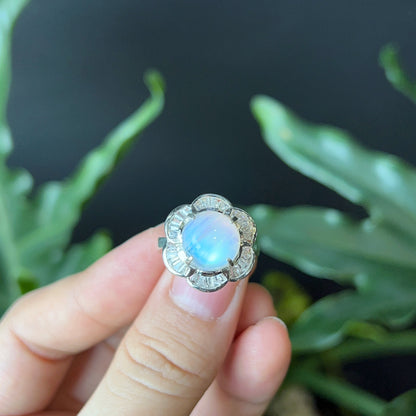 Natural Moonstone Free Size Ring in Floral Silver Setting
