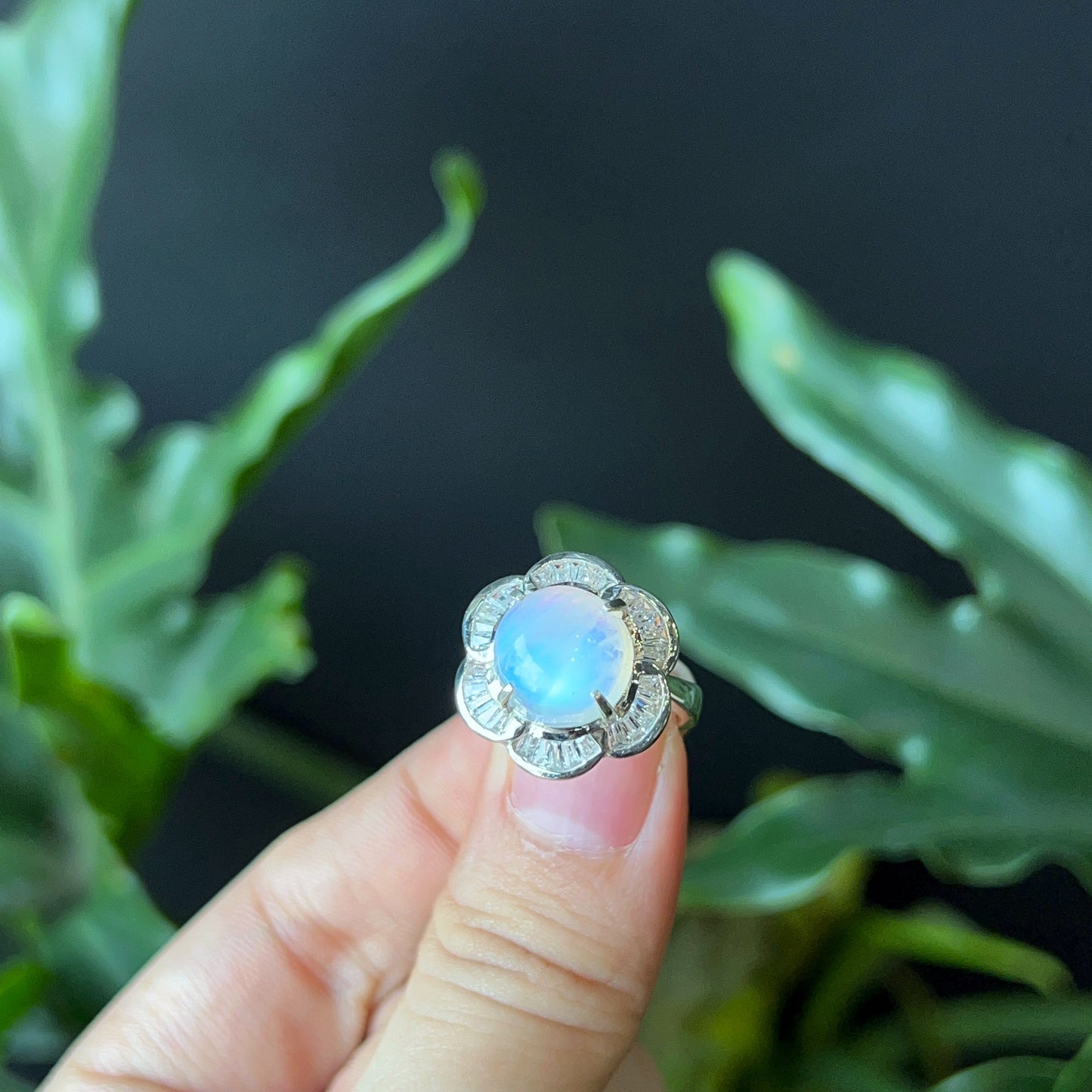 Natural Moonstone Free Size Ring in Floral Silver Setting