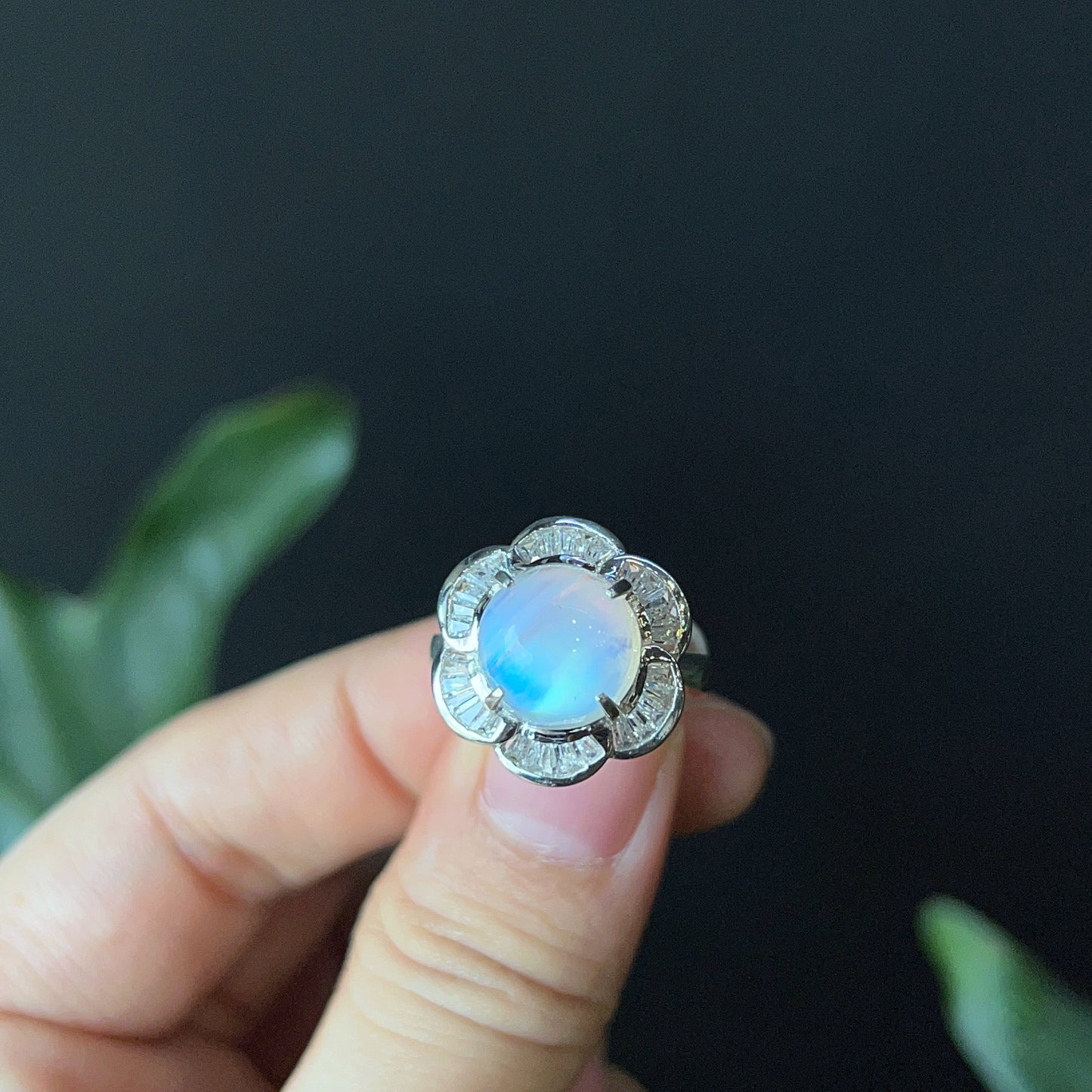 Natural Moonstone Free Size Ring in Floral Silver Setting