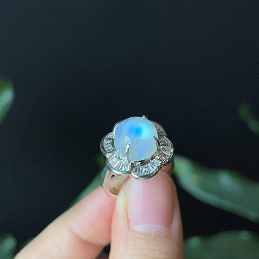 Natural Moonstone Free Size Ring in Floral Silver Setting