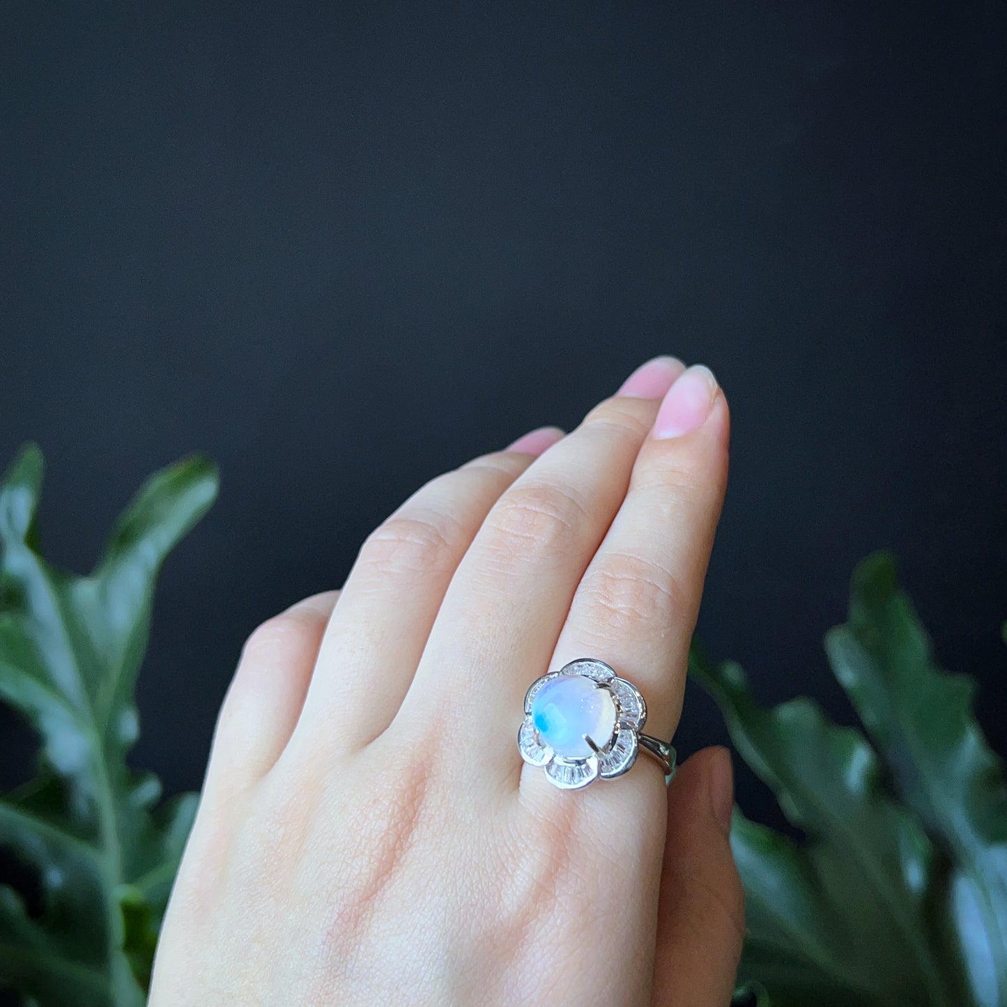 Natural Moonstone Free Size Ring in Floral Silver Setting