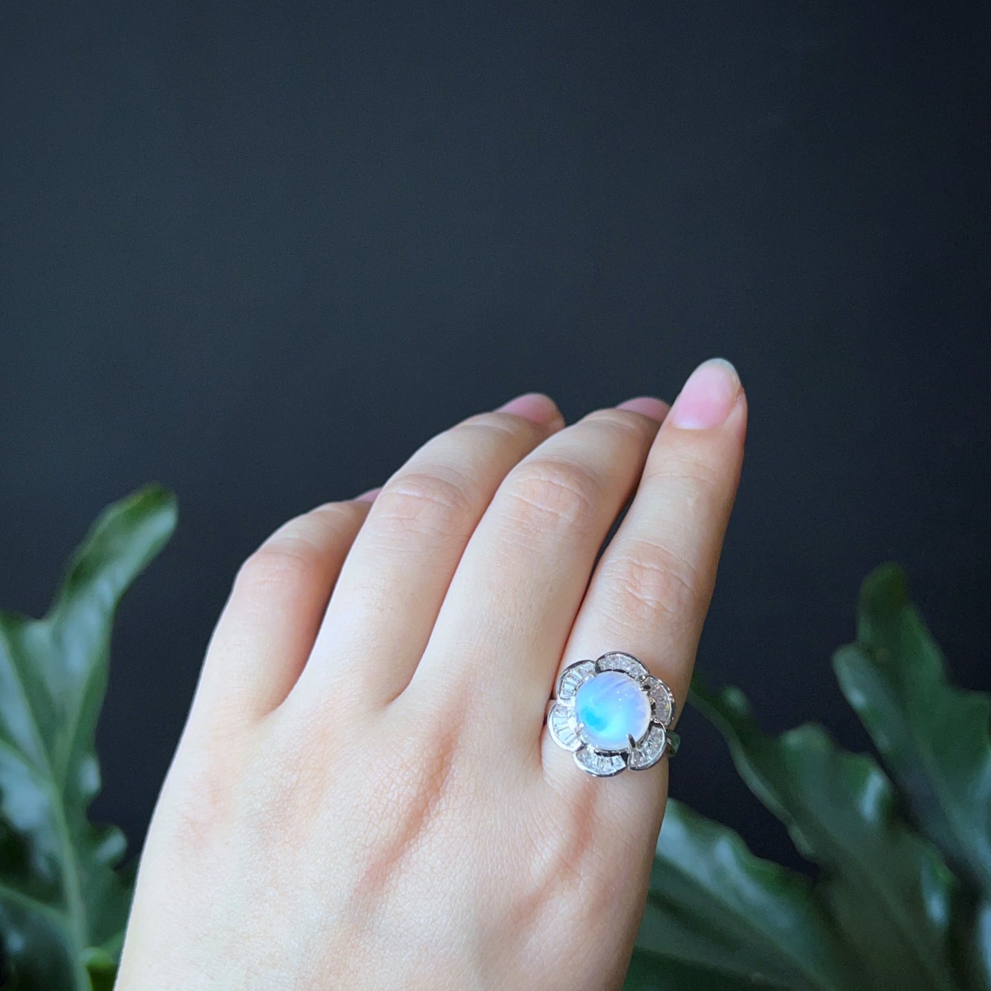 Natural Moonstone Free Size Ring in Floral Silver Setting