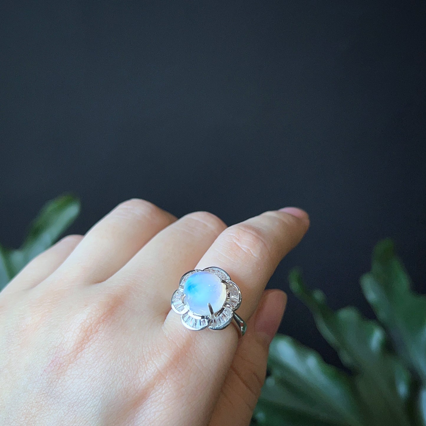 Natural Moonstone Free Size Ring in Floral Silver Setting