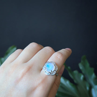 Natural Moonstone Free Size Ring in Floral Silver Setting