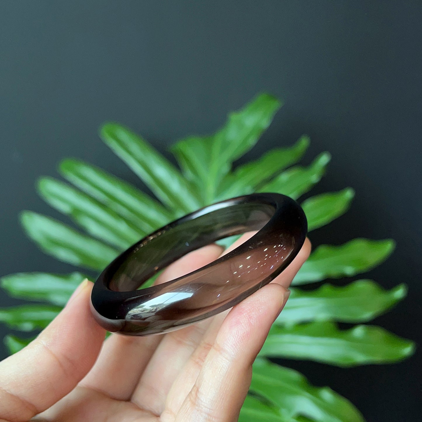 Natural Smokey Quartz Bangle Leaf Style Size 55 mm