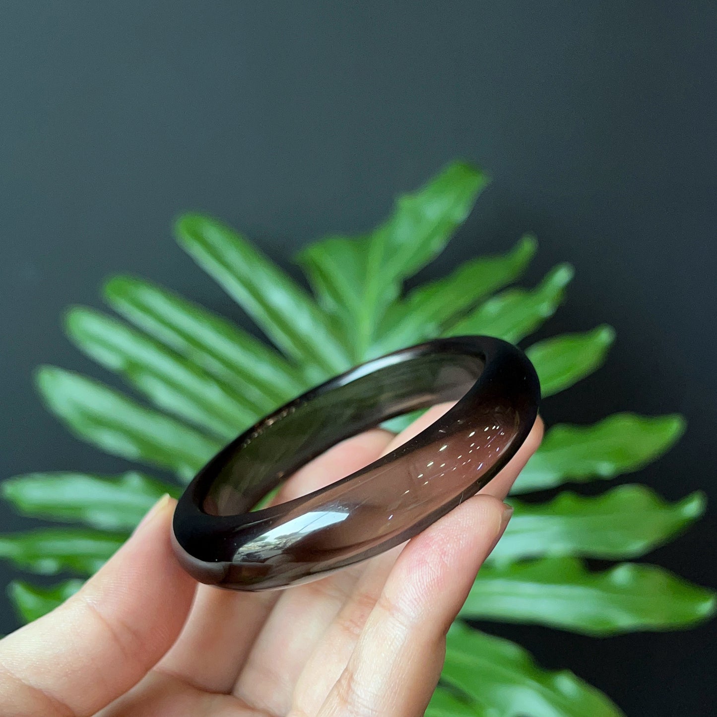 Natural Smokey Quartz Bangle Leaf Style Size 55 mm