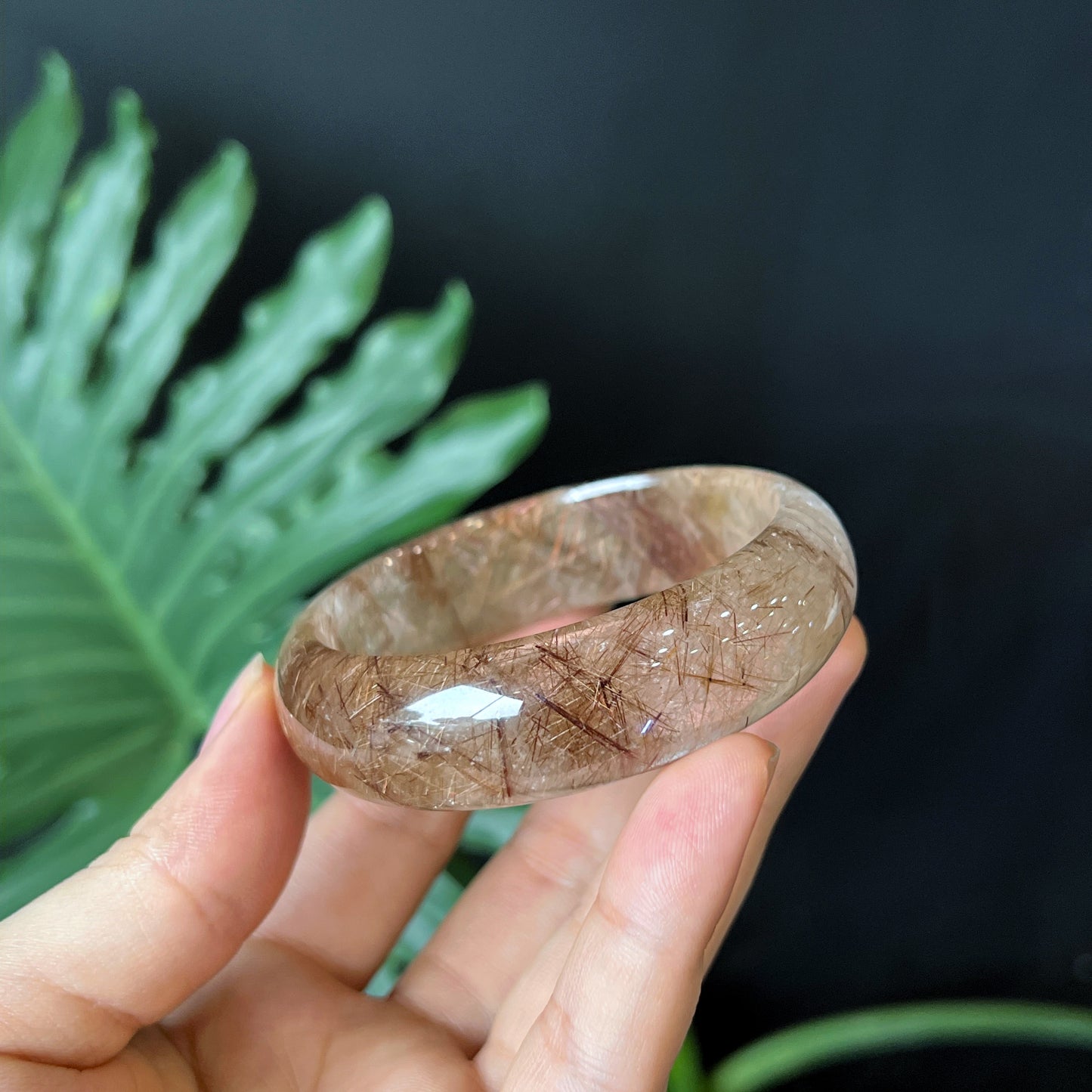 Natural Brown Rutilated Quartz Bangle Leaf Style Size 55 mm