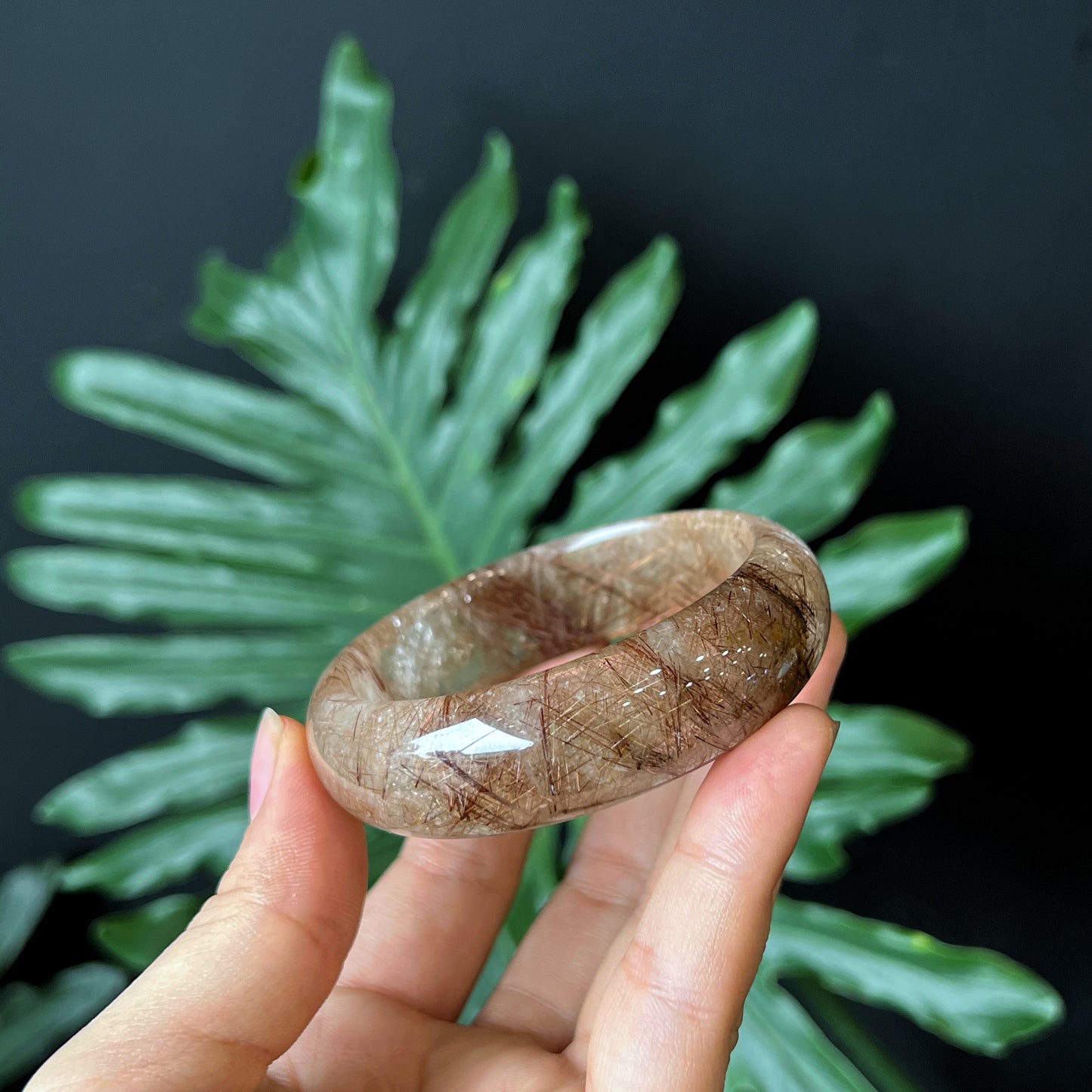 Natural Brown Rutilated Quartz Bangle Leaf Style Size 55 mm