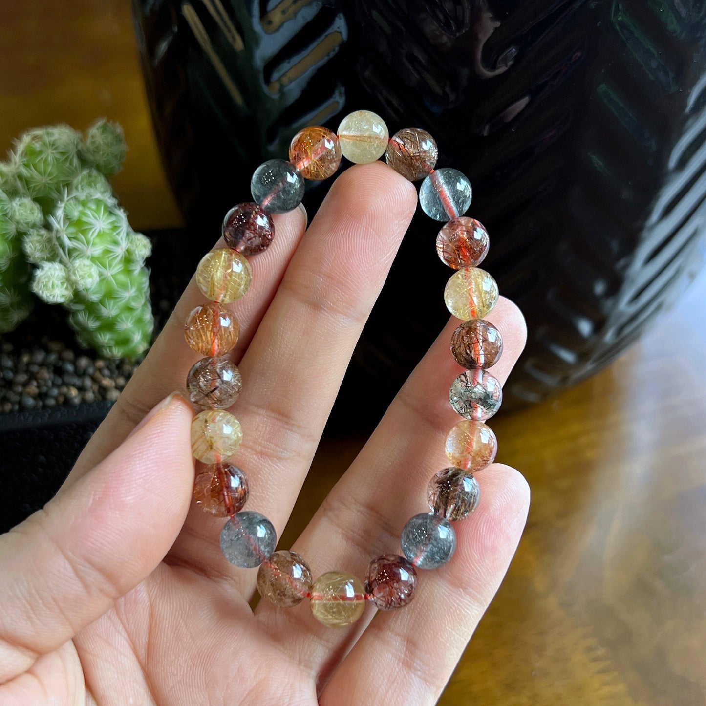 Tri Colour Natural Rutilated Quartz Bracelet 8 mm