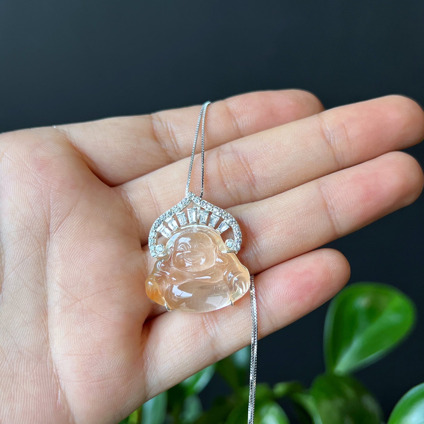 Happy Buddha Natural Orange Icy Quartz Pendant in Silver with White Stone Setting