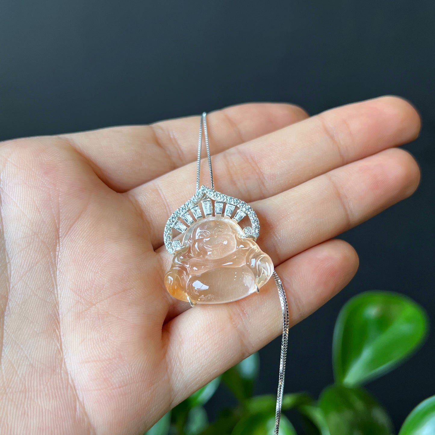 Happy Buddha Natural Orange Icy Quartz Pendant in Silver with White Stone Setting