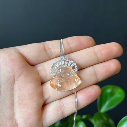 Happy Buddha Natural Orange Icy Quartz Pendant in Silver with White Stone Setting