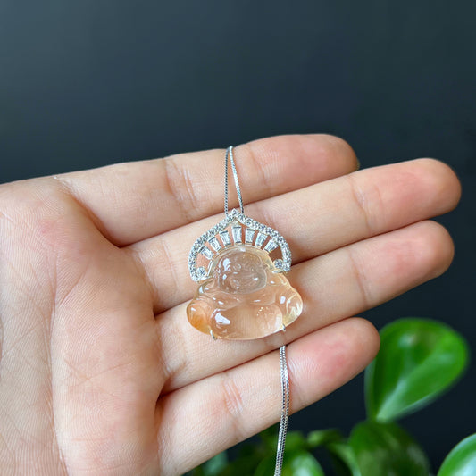 Happy Buddha Natural Orange Icy Quartz Pendant in Silver with White Stone Setting