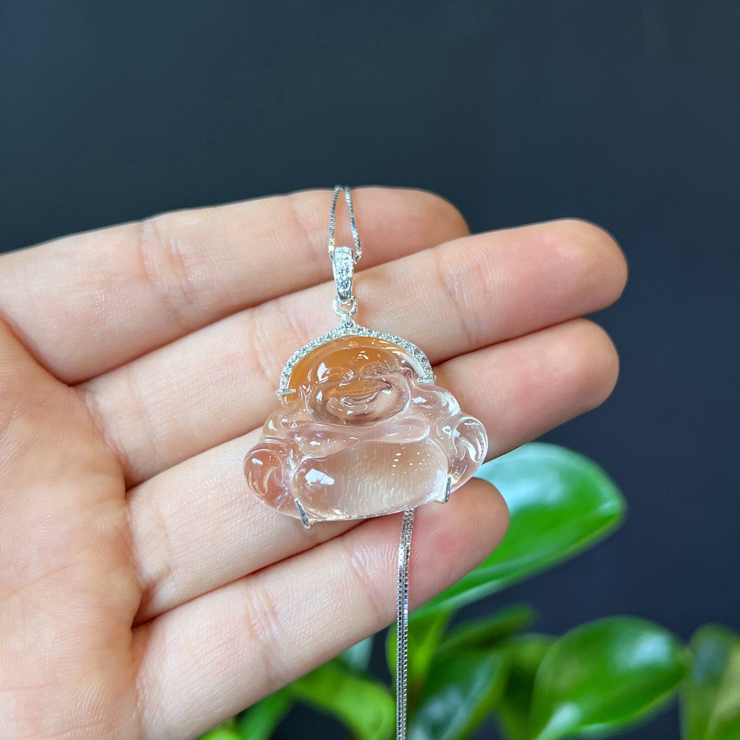 Happy Buddha Natural Orange Icy Quartz Pendant in Silver with White Stone Setting