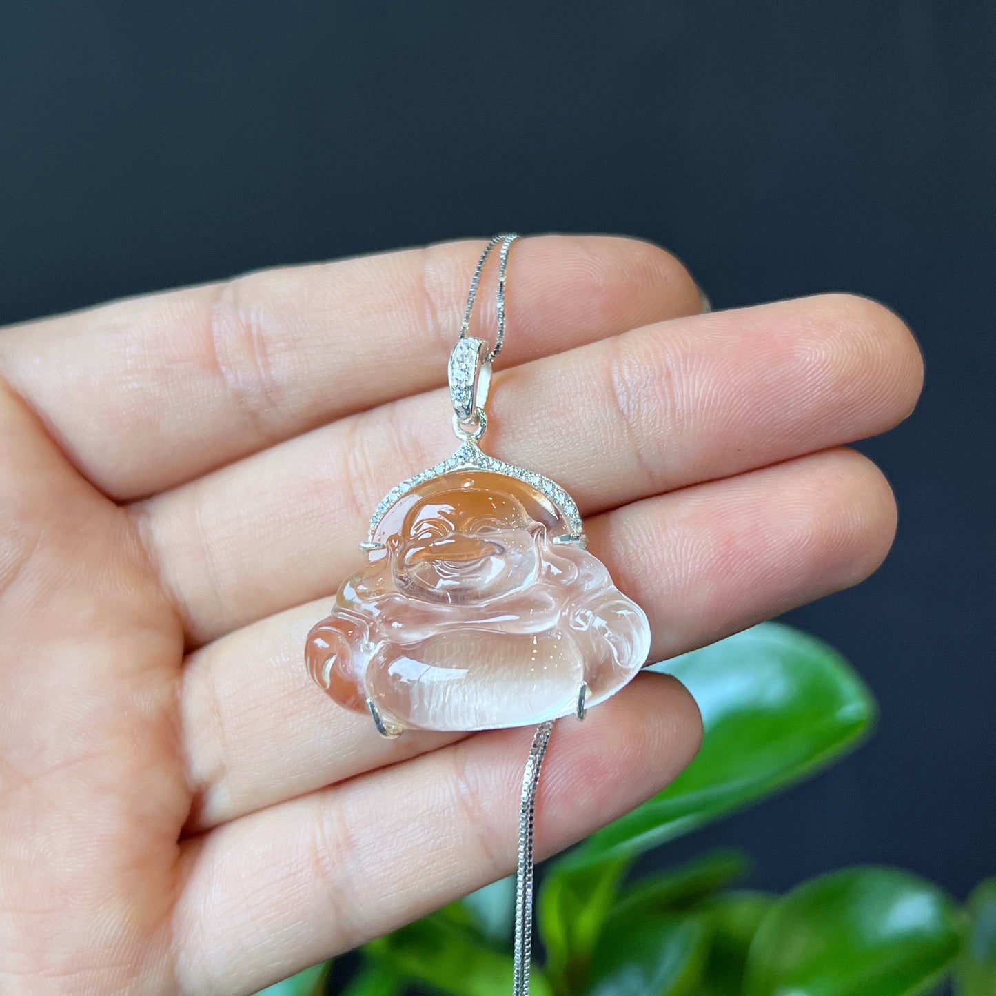 Happy Buddha Natural Orange Icy Quartz Pendant in Silver with White Stone Setting