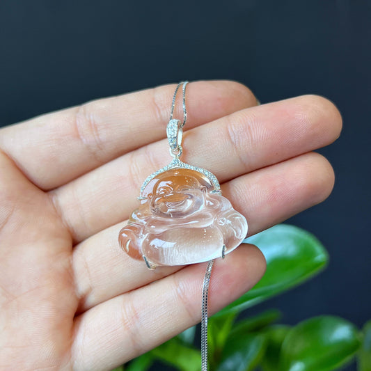 Happy Buddha Natural Orange Icy Quartz Pendant in Silver with White Stone Setting