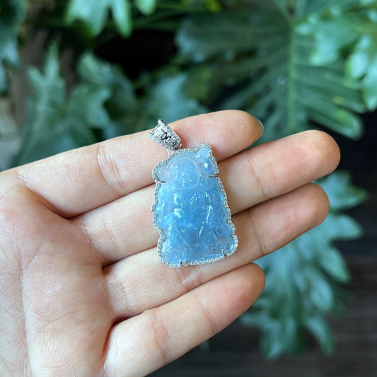 Happy Buddha Natural Aquamarine Pendent White Gold Setting