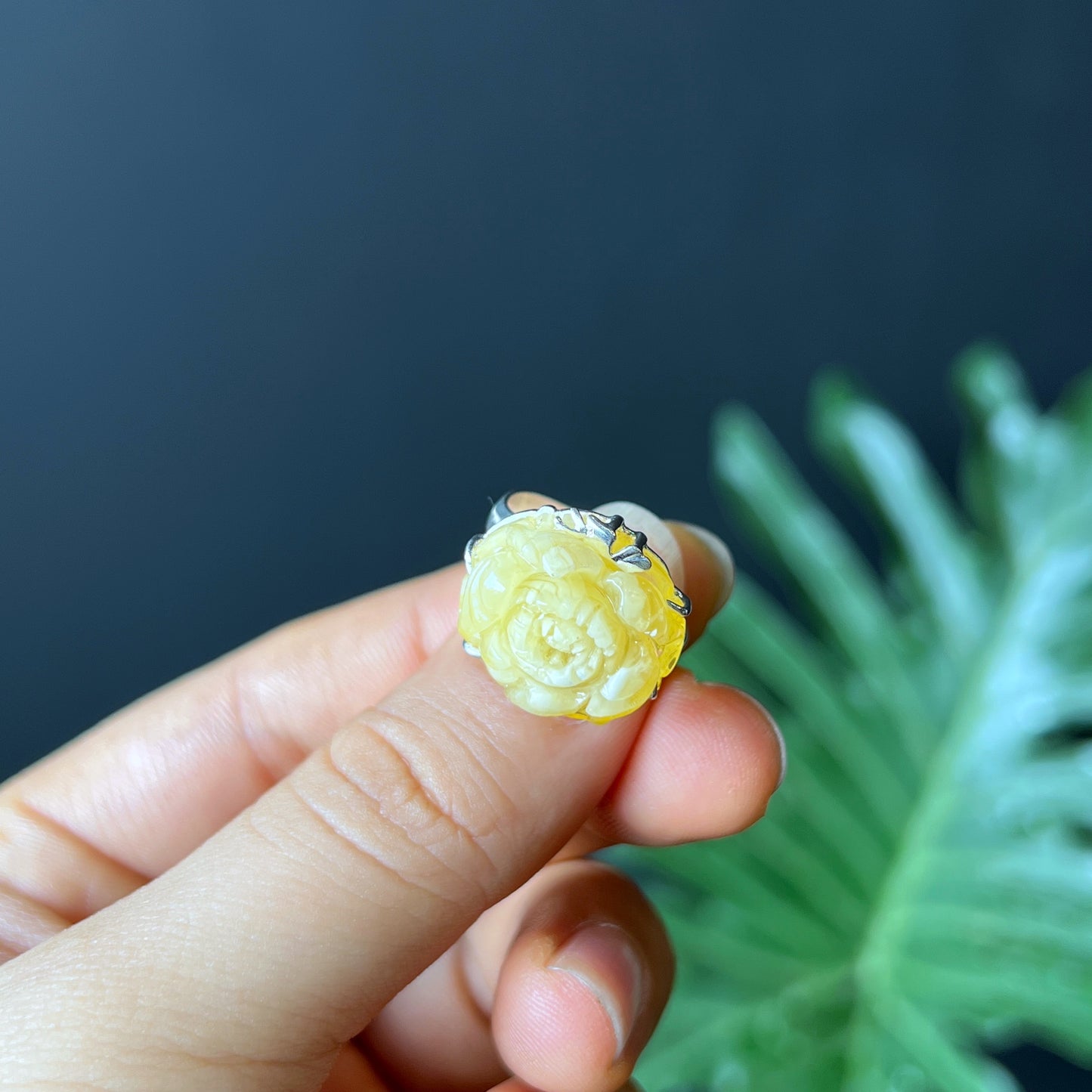 Amber Peony Flower Ring in Siver Setting Size 1.7