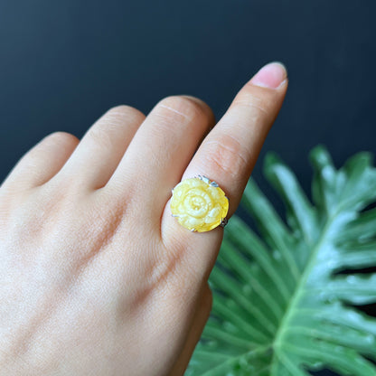 Amber Peony Flower Ring in Siver Setting Size 1.7