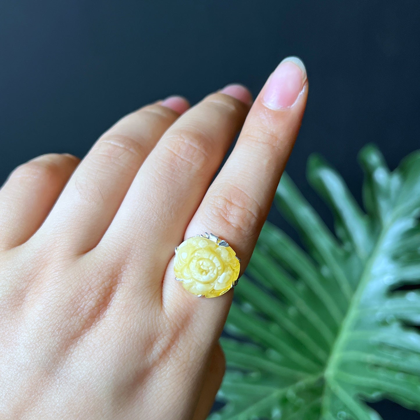 Amber Peony Flower Ring in Siver Setting Size 1.7