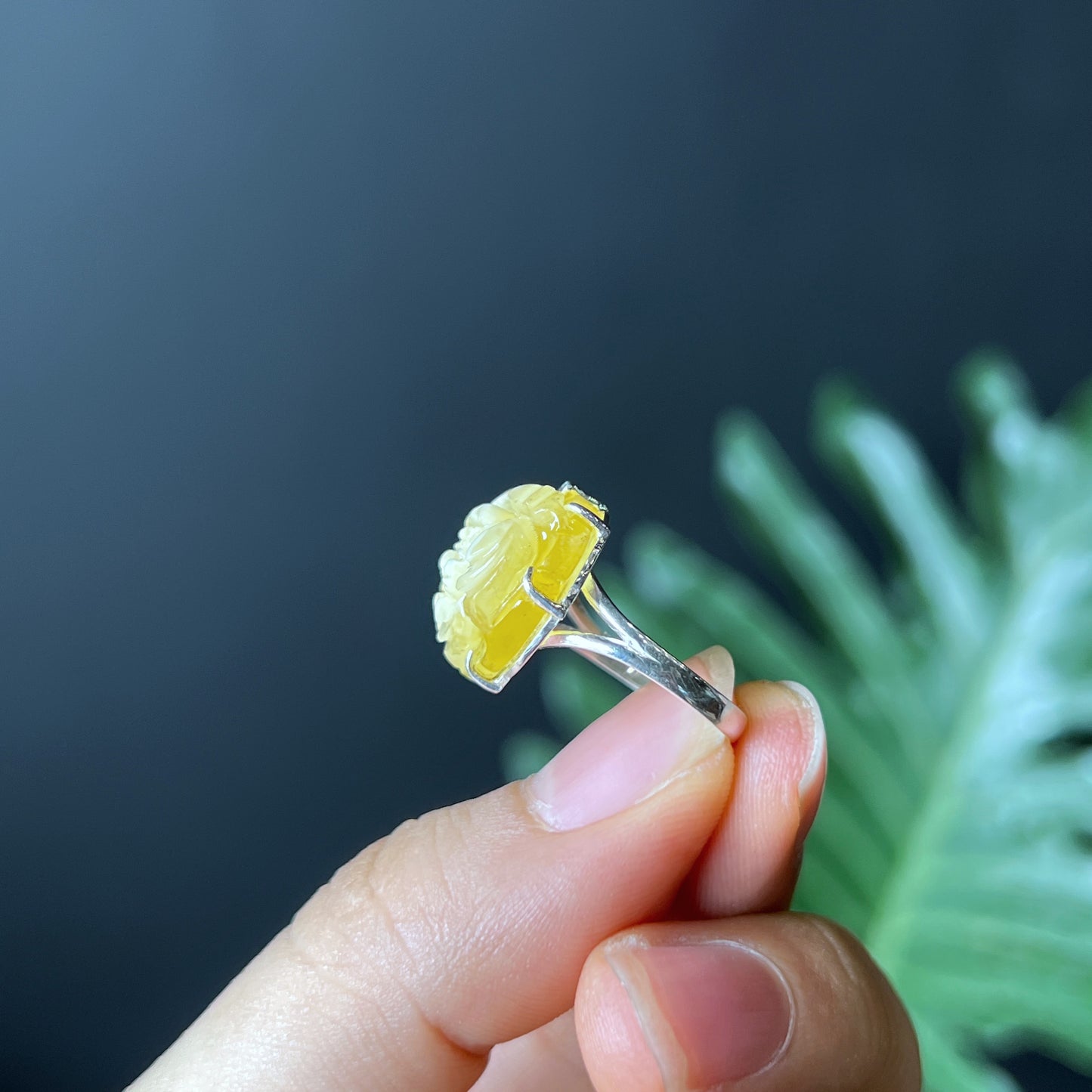 Amber Peony Flower Ring in Siver Setting Size 1.7