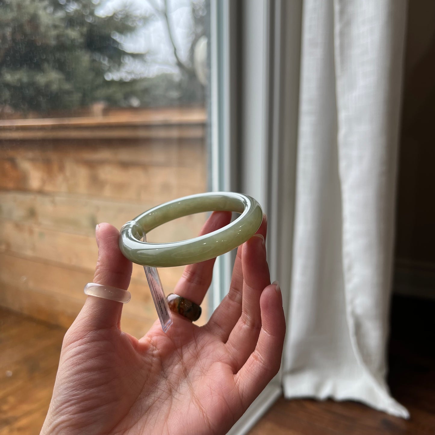 Hoa Dien Natural Nephrite Jade Bangle Leaf Style  Size 53.78 mm